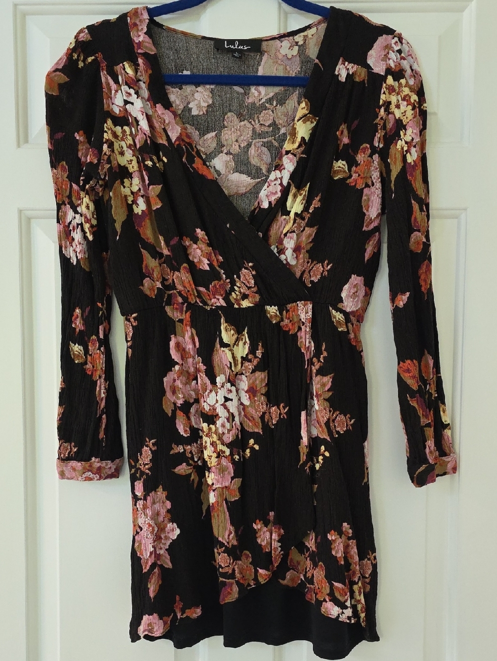 Lulu's Black Floral Wrap Dress with Pink & Gold Blooms